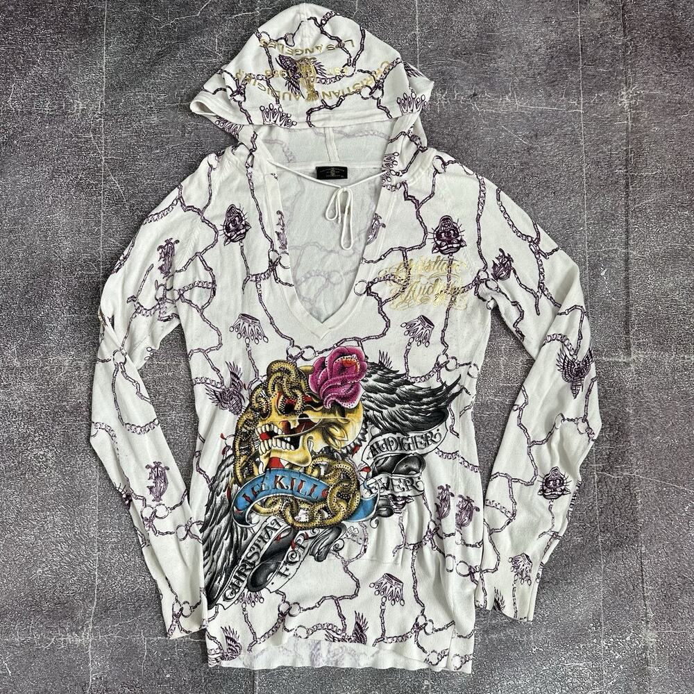 Women's Vintage Y2K Christian Audigier Ed Hardy White Hoodie Sweatshirt Sz XL